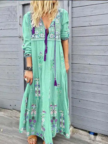 Stylish Drawstring Lace Long Sleeve Dress Bohemian Flower Printed Fashion Long Dresses Big Size 5XL 2020 New