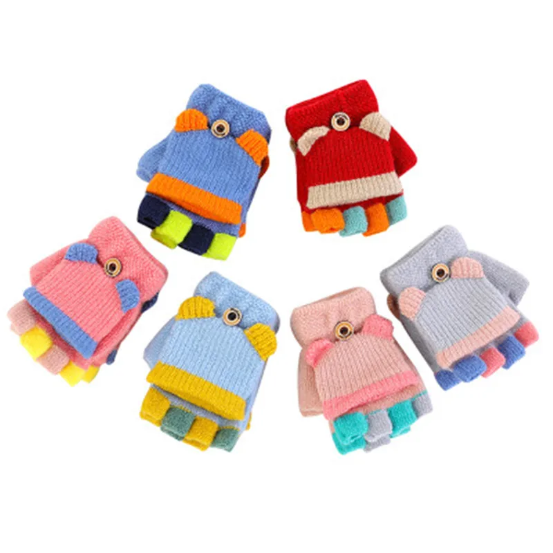 Baby Winter Gloves Children Girls Boy 2-5 Years Half Fingers Flip Cover Gloves Boys Animal Warm 7.5*9.5cm Mittens Knitted Gloves