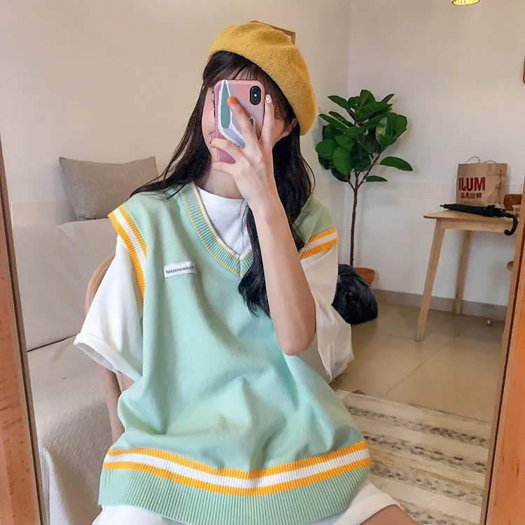 mint green Женский пуловер без рукавов осень зима корейский консервативный полосатый лоскутный негабаритный v-образный вырез вязаный свитер жилет синий фиолетовый T362 - Цвет: mint green