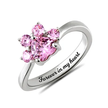 

Drop Ship Custom Inside Engraving Ring Sterling Silver Pet Paw Print Rings Memorial Jewelry Birthstones Special Gift Pet Lover