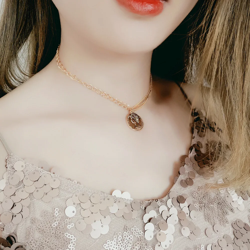 

2 Europe And America Retro Figure Double-Sided Coin Necklace Choker Fashionable Street Sense of Design Necklace Women's Choker