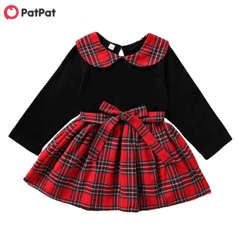 

PatPat 2020 New Spring and Autumn Baby / Toddler Christmas Bowknot Plaid Long-sleeve Dress