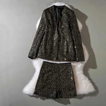 

Cthink Spring 2020 Sequined Suit And Shorts 2 Piece Set Women New Sale Two Piece Set Blazers Slim Office Lady Womens Outfits