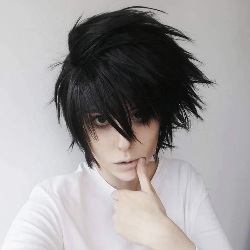 L Lawliet ウィッグキャップ付きの短い黒の髪 漫画のデスノート コスプレ用 耐熱性 Aliexpress