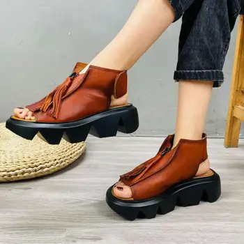 

YourSeason Women Platform Retro Zipper Sandals Genuine Leather 2020 New Summer Ladies Casual Wedges Candy Color Shoes