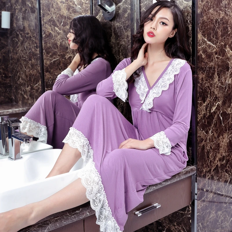 purple Ночное платье размера плюс из модала, кружевное белье с длинным рукавом, Сексуальное Женское ночное белье, хлопковые ночные платья, модная ночная сорочка, одежда для сна - Цвет: purple