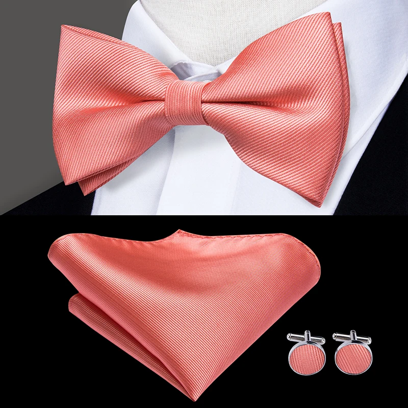 

LH-513 Hi-Tie 100% Silk Bow Ties for Men Neckwear Bowtie Pocket Square Cufflinks Set Coral Pink Peach Wedding BowTie set