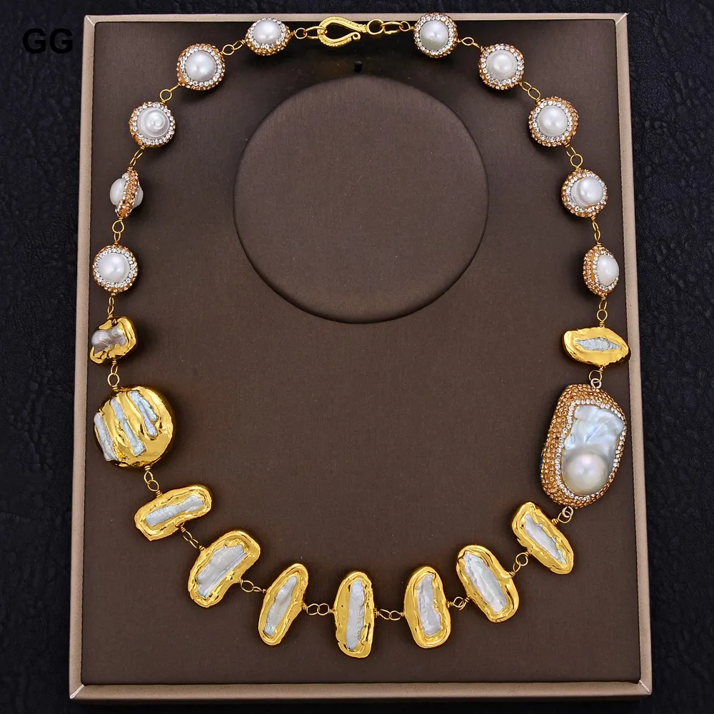 

GuaiGuai Jewelry 20" Freshwater Natural White Keshi Biwa Pearl Yellow Gold Color Plated Necklace For Women