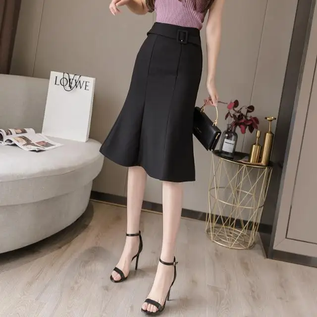 

Women's Skirt Office Lady Elegant Sashes Casual Fishtail Skirt Fresh and Sweet Knee Length Slim Ruffles Mermaid Bodycon Skirts