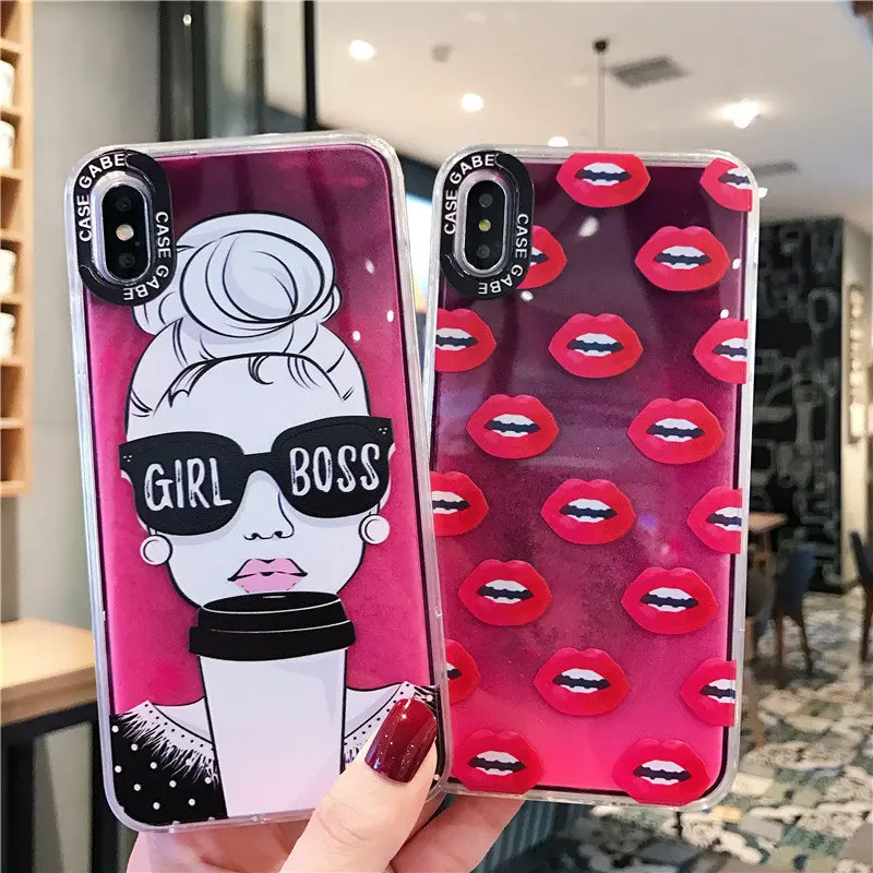 Светящийся неоновый песок жидкий зыбучий песок чехол для iPhone 11 Pro XS Max X XR 8 7 6 Plus модная задняя крышка для телефона с красными губами