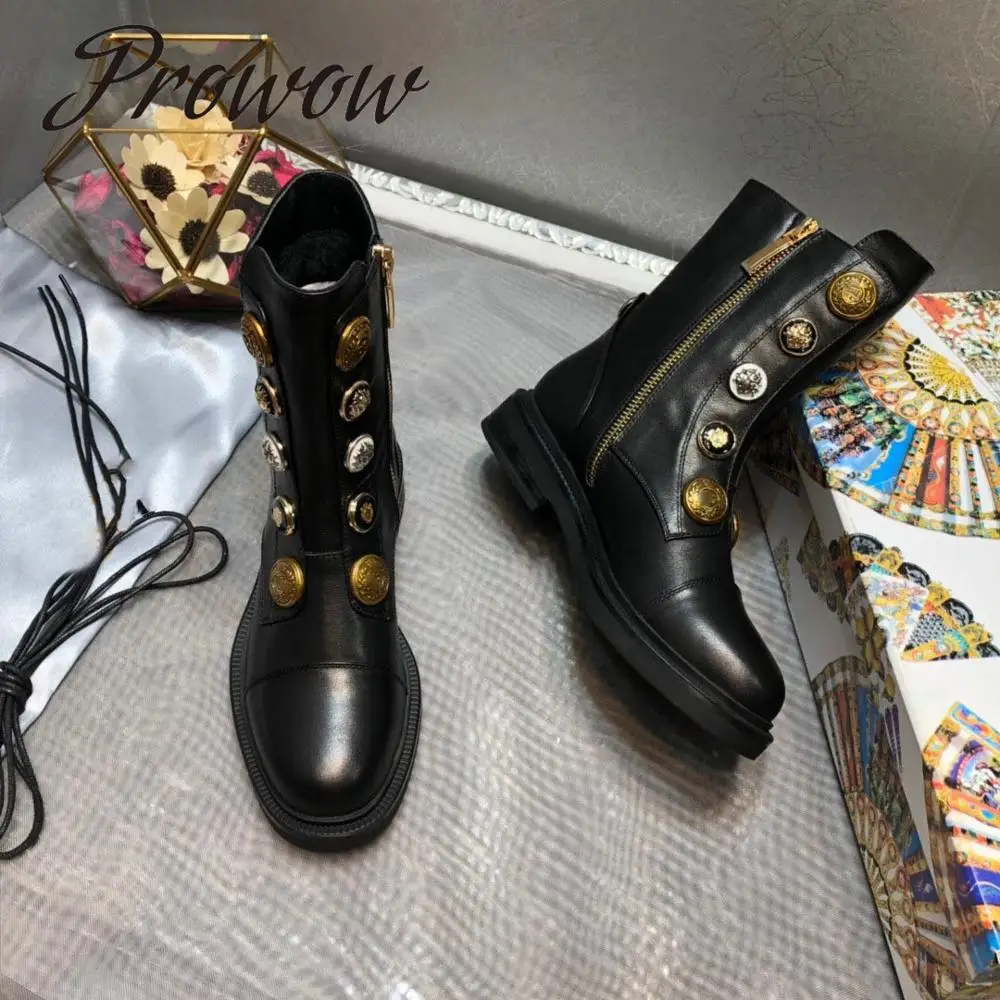 

Prowow New Genuine Leather Metal Studded Autumn Winter Boots Round Toe Zip Side Ankle Boots Shoes Women