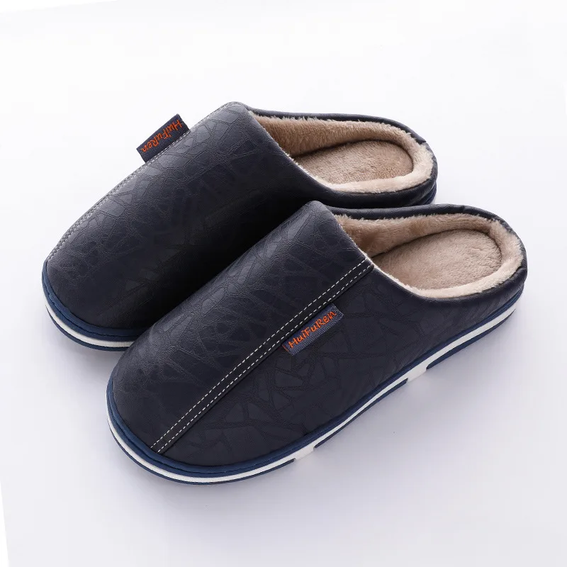 

Warm Winter Man Slippers Short Plush Leather slippers Large Size Waterproof Memory Foam Fur slippers Non Slip Home Slippers