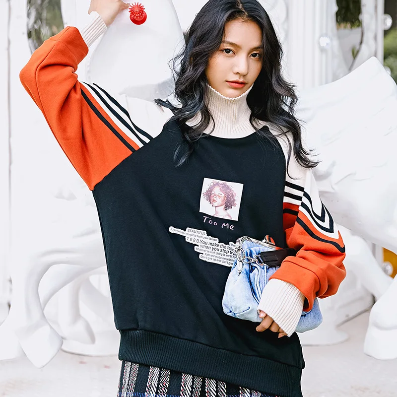 

Winter 2019 New Printed High-collar Topcoat Harajuku Loose Pullover Street Sports Wind Cotton Guard Women Sweatshirts Women