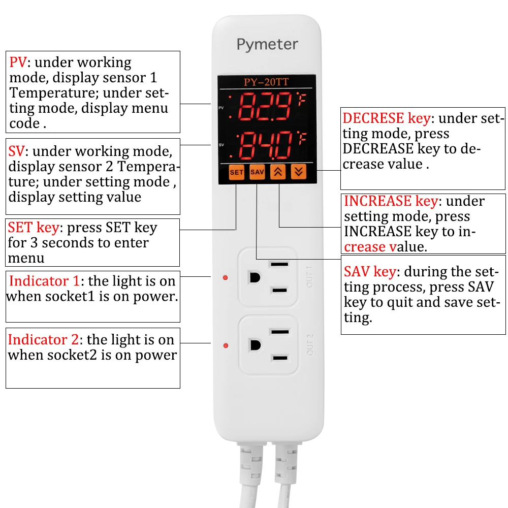 Pymeter 2 Probe Temperature Controller PY-20TT Dual Socket Home-brewing Aquarium Incubator Greenhouse Thermostat