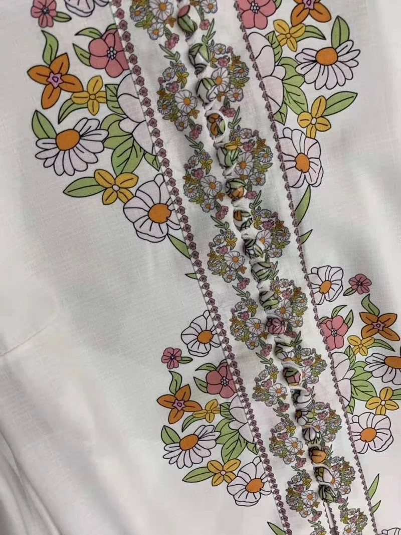 Hight Quality Designer Blouse Shirt Autumn Casual Shirt Women Stand Neck Exquisite Flower Print Tunic Buttons Vintage Shirt