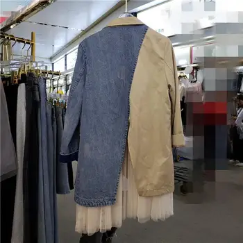 

Denim Mesh Patchwork Blazer Suit Women Turn-Down Collar Fake Two Piece Long Coat Casual Suit Jacket