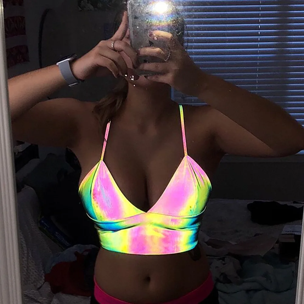 

Summer Women V Neck Sexy Holographic Bralette Crop Top Strap Reflective Fashion Camis Hot New Sleeveless Backless Tank Tops