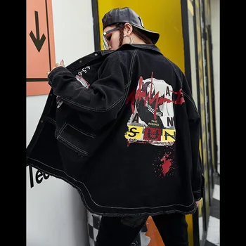 

Punk Black Jeans Jacket New Spring Women's Printing Denim Student Basic Coats Black Cardigan Patchwork XL Women Clothes SA367S30