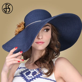 

FS Summer Large Brim Straw Hat Adult Women Girls Foldable Fashion Sun Hat UV Protect Big Flower Elegant Style Outdoor Beach Hat