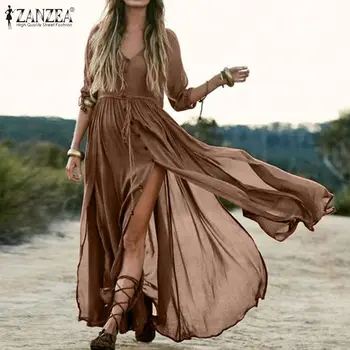 

ZANZEA Bohemian Summer Dress Women Casual Solid Maxi Dresses Female Buttons Vestido Half Sleeve Split Hem Beach Long Sundress