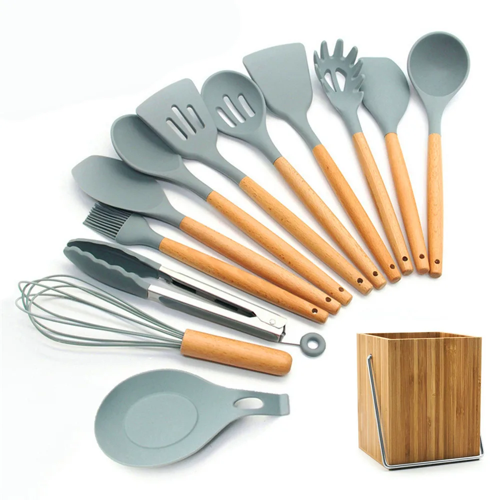 13 kitchen utensils 13-шт Премиум силиконовая кухонная утварь набор деревянных ручек с держателем антипригарная кухонная посуда для кухни кухонная утварь инструменты - Цвет: 13 kitchen utensils