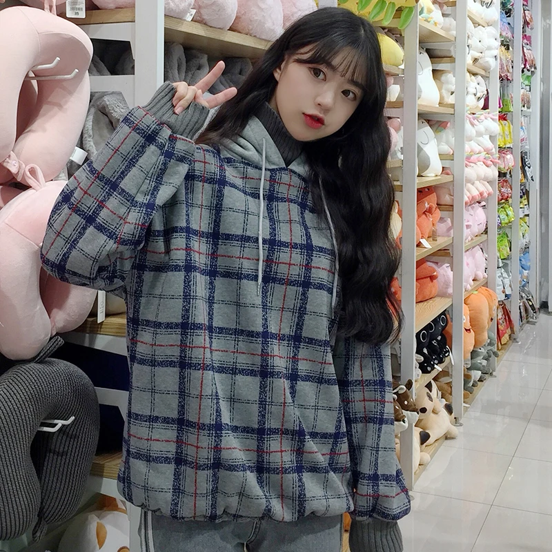 Harajuku флисовые кофты Женские клетчатые водолазки толстовки женские с длинным рукавом Повседневные Большие размеры пуловер с капюшоном одежда толстовка