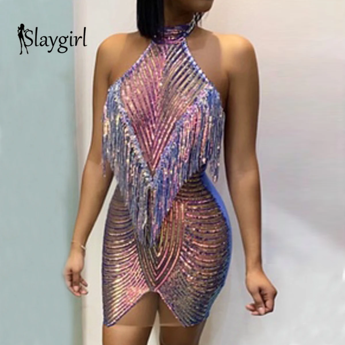 Slaygirl, сексуальное платье с блестками, женские открытые вечерние платья с открытой спиной, мини Клубные Летние Осенние платья с кисточками, элегантные платья