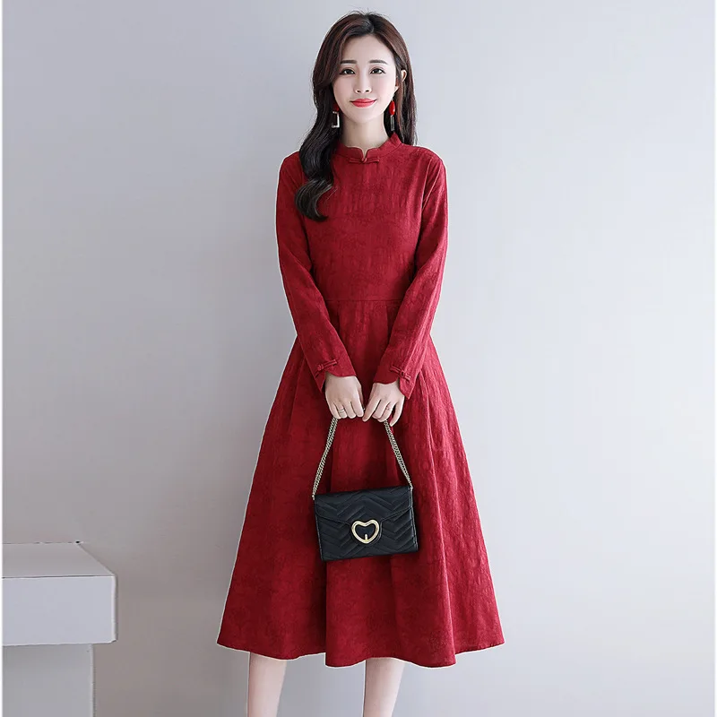 

Red Cotton Linen Improved Cheongsam Dress Long Sleeve Autumn Clothing Women's 2018 New Style Mid-length Slim Fit A- line Dress