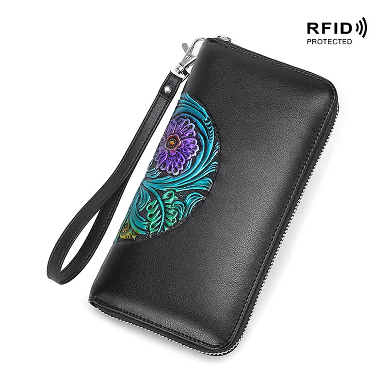 D Женский кошелек с принтом, RFID, натуральная кожа, клатч, сумка для телефона, много слотов, держатель для карт, для путешествий, Ретро стиль, Женский кошелек для монет - Цвет: D