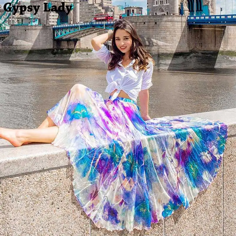 GypsyLady чудесная Цветочная юбка-макси синяя летняя юбка плюс размер эластичные длинные юбки для женщин Бутик Женская одежда 2019