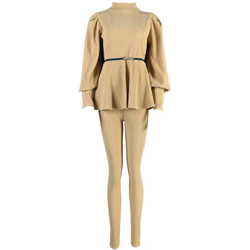 

Two Piece Outfits for Women 2020 Long Lantern Sleeve Stand Collar Tops Pullover Waist Belt Slim Elastic Pants Sets Autumn Suits