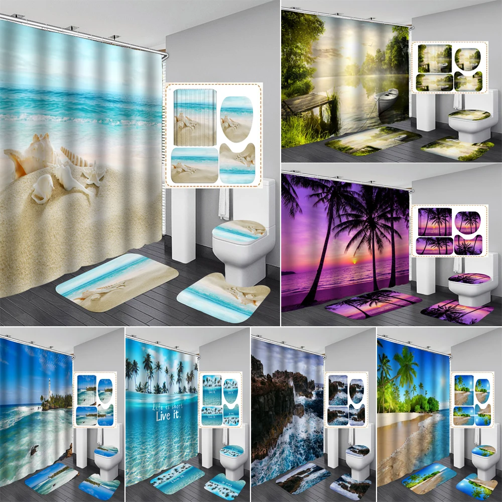 New Colorful Beach Fabric Shower Curtain Bathroom Curtain Sea Conch