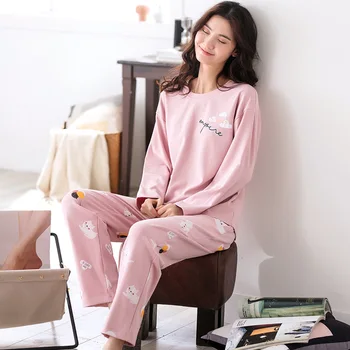 

New Pajamas Set Girl's Soft Pink Can Be Worn outside Cotton Long-Sleeved Cute Printed Cotton Leisure Tops Two-Color Optional