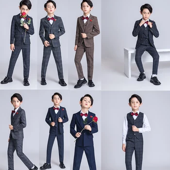 

YuanLu 6PCS New Kids Suits For Wedding Blazer Boy Suits Formal Costume Blazer Vest Pants lattice Suits Children Clothes