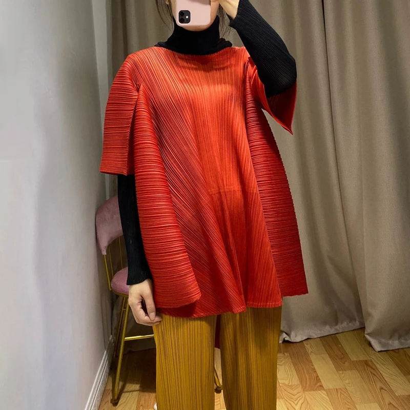 Changpleat новые женские свободные топы Miyak плиссированные Модные Дизайнерские однотонные женские футболки с круглым вырезом большого размера