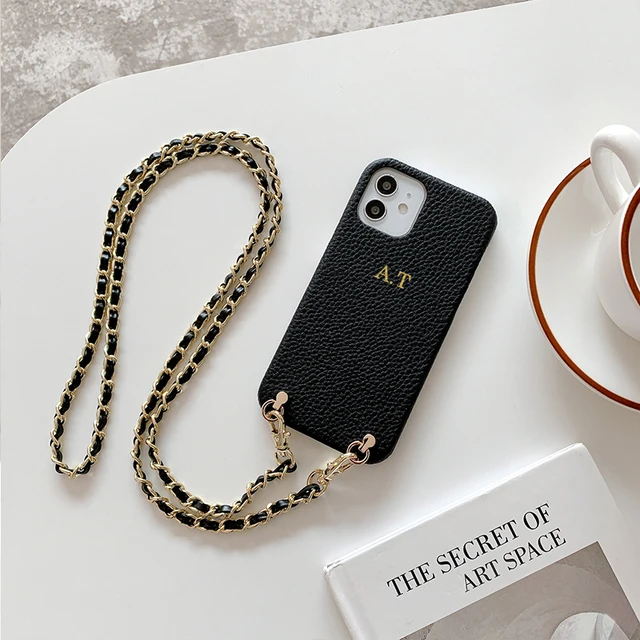 Custom Initial Name Crossbody Strap Cord Luxury Crocodile Leather Phone Case For iphone 11 12 13 Pro Max 7 8 Plus XR X XS Cover Black-2