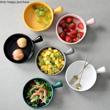 

Nordic Ceramic Baking Tray with Handle Multicolor Oven Special Plate Household Kitchen Supplies Fruit Salad Plate Baking Dishes