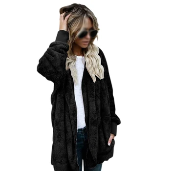 

Women Coats Autumn Winter Long Two-sided Wearing Faux Fur Jacket Open Hooded Cardigan Pocket Coat For Women