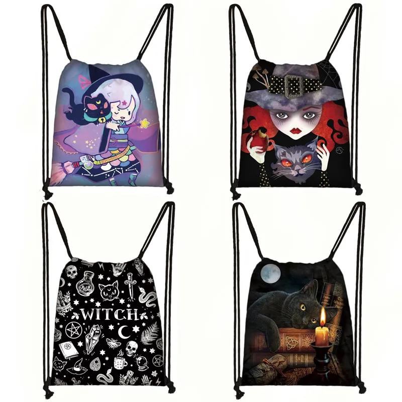 

cute witch / fairy / black cat print drawstring bag women canvas travel bag fashion storage bag teenager girls backpack