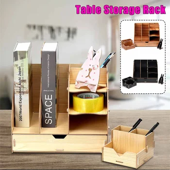 

Wooden Desk Organizer Multi-Functional DIY Pen Holder Box Desktop Stationary Home Office Supply Storage Rack