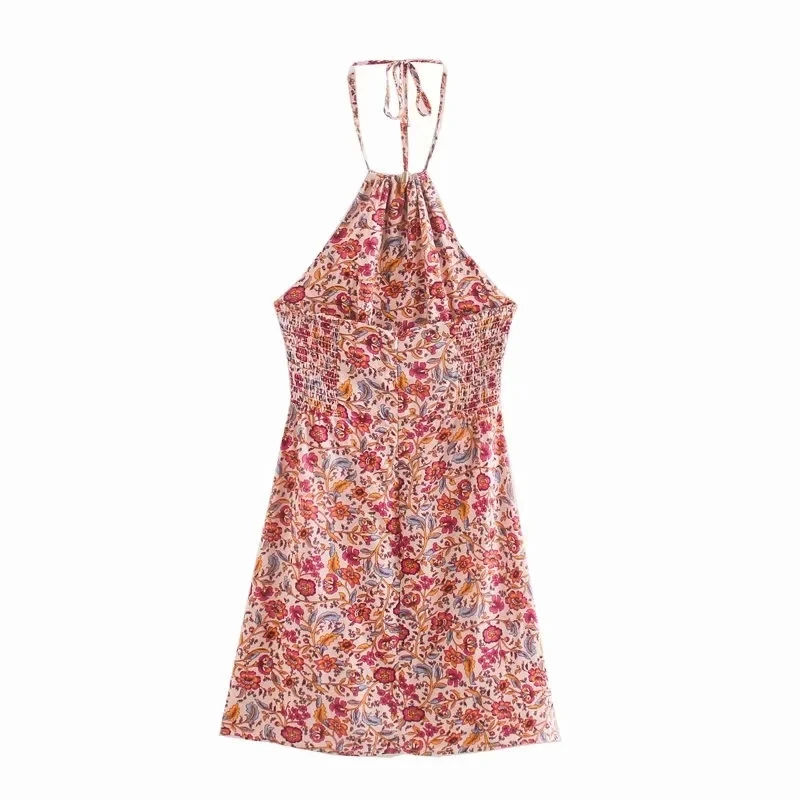 TEELYNN Halter pink Floral print Summer Dresses boho beach Sexy sleeveless backless Mini Dress Women cover up Casual Vestidos