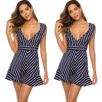

Women High Waist Sexy Jumpsuit Sleeveless Deep V Neck Stripe Jumpsuit Female Fashion Sexy Rompers Women Jumpsuits
