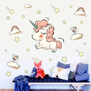 

New Rainbow Unicorn Wall Stickers Girls Children's Room Decoration PVC Cartoon Reflective Stickers