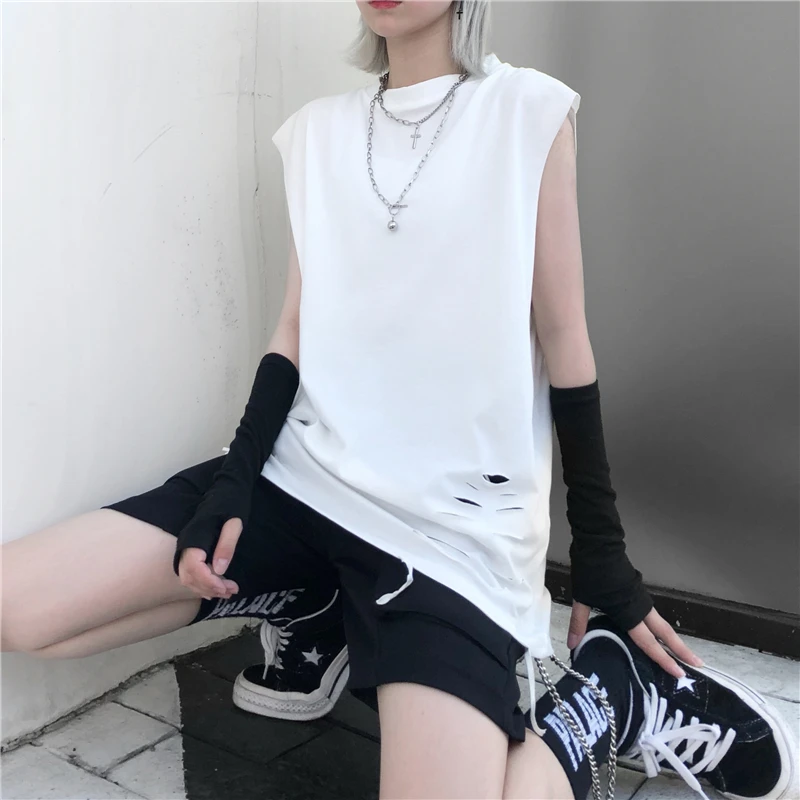 Футболка без рукавов Женская Корейская Инс Harajuku уличная Ретро дырочная свободная универсальная верхняя одежда жилет Топ в стиле панк 30bx