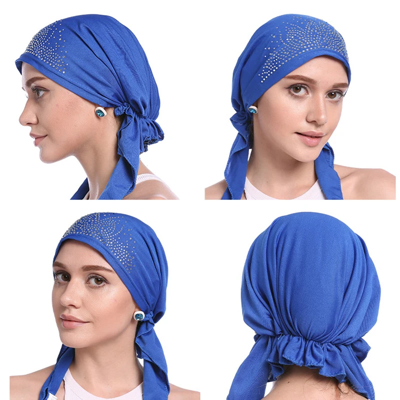 Women's Solid Color Muslim Hijab Stretch Headscarf Islamic Caps Turban  Rhinestone Headscarf Elastic Cotton Scarf Headwear