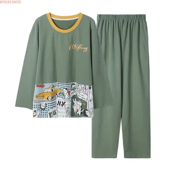 

Autumn Long-Sleeved Cotton Men's Pajamas Homewear Green Loose Large Size Casual round Neck Spring Youth Pajamas 2-Piece Set