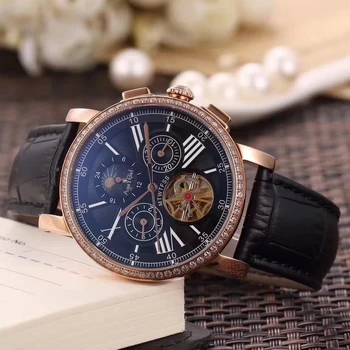 

Luxury Brand New Men Automatic Mechanical Watch Rose Gold Diamonds Leather Tourbillon MoonPhase Dual Time Skeleton Sapphire AAA+