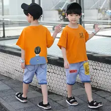 Летний костюм с буквенным принтом для мальчиков-подростков, хлопковые короткие футболки с принтом, комплекты со штанами, одежда для детей 8, ...(China)