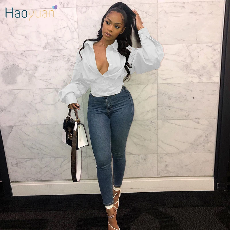 HAOYUAN Tops de talla grande para mujer, blusas con cuello vuelto, manga de linterna, ropa de Festival, Top de gran tamaño con botones|Blouses Shirts| -