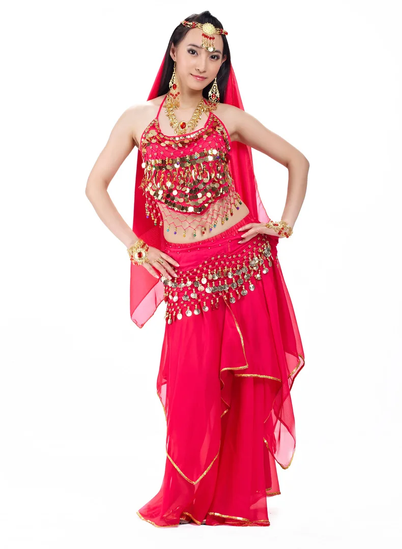 Живота Танцы костюмные комплекты египет живота Танцы костюм 5 шт./компл. Болливуд костюм Индийский платье для Танцев Живота Танцы платье ForWomen - Цвет: Rose Red